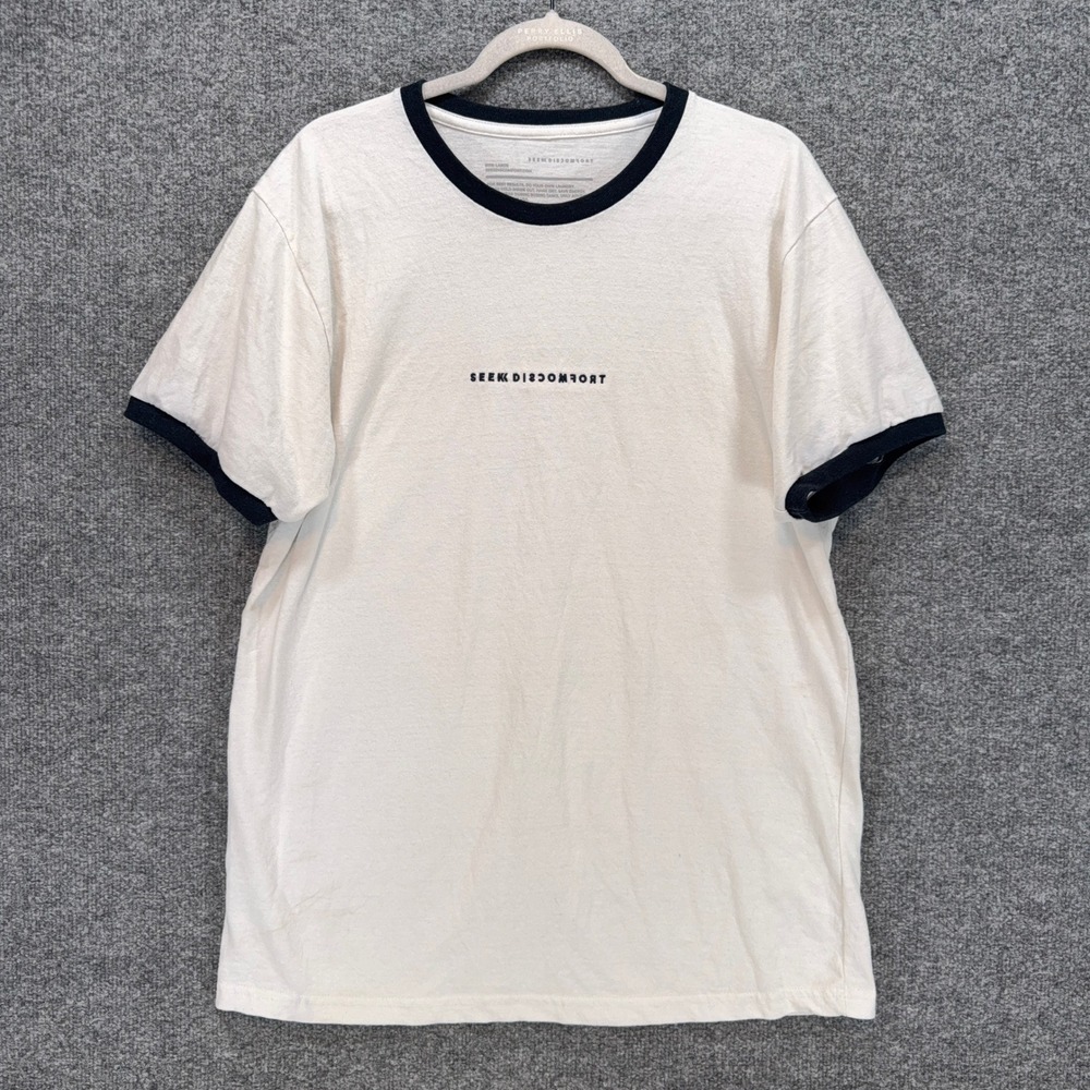 Seek Discomfort Ringer Tshirt‎ Mens Large White Black Graphic Crew Neck Tee